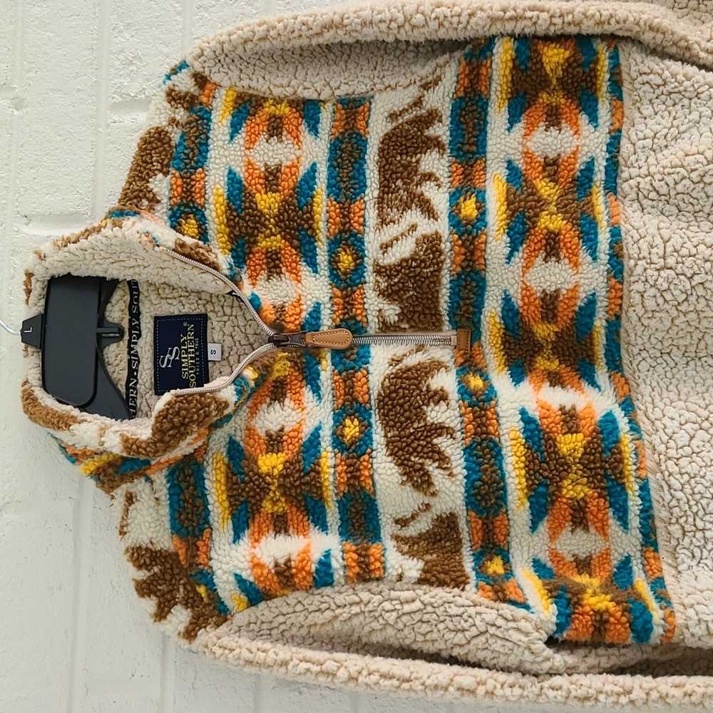 Women’s  from Simply Southern Faux fur 3/4 zip sweater Aztec Bears Small - Picture 2 of 5